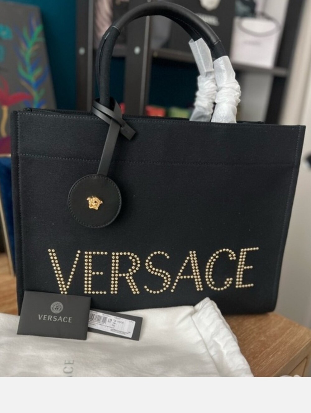 Versace Black Canvas Studded Logo Tote with Gold Accent - Picture 4 of 8